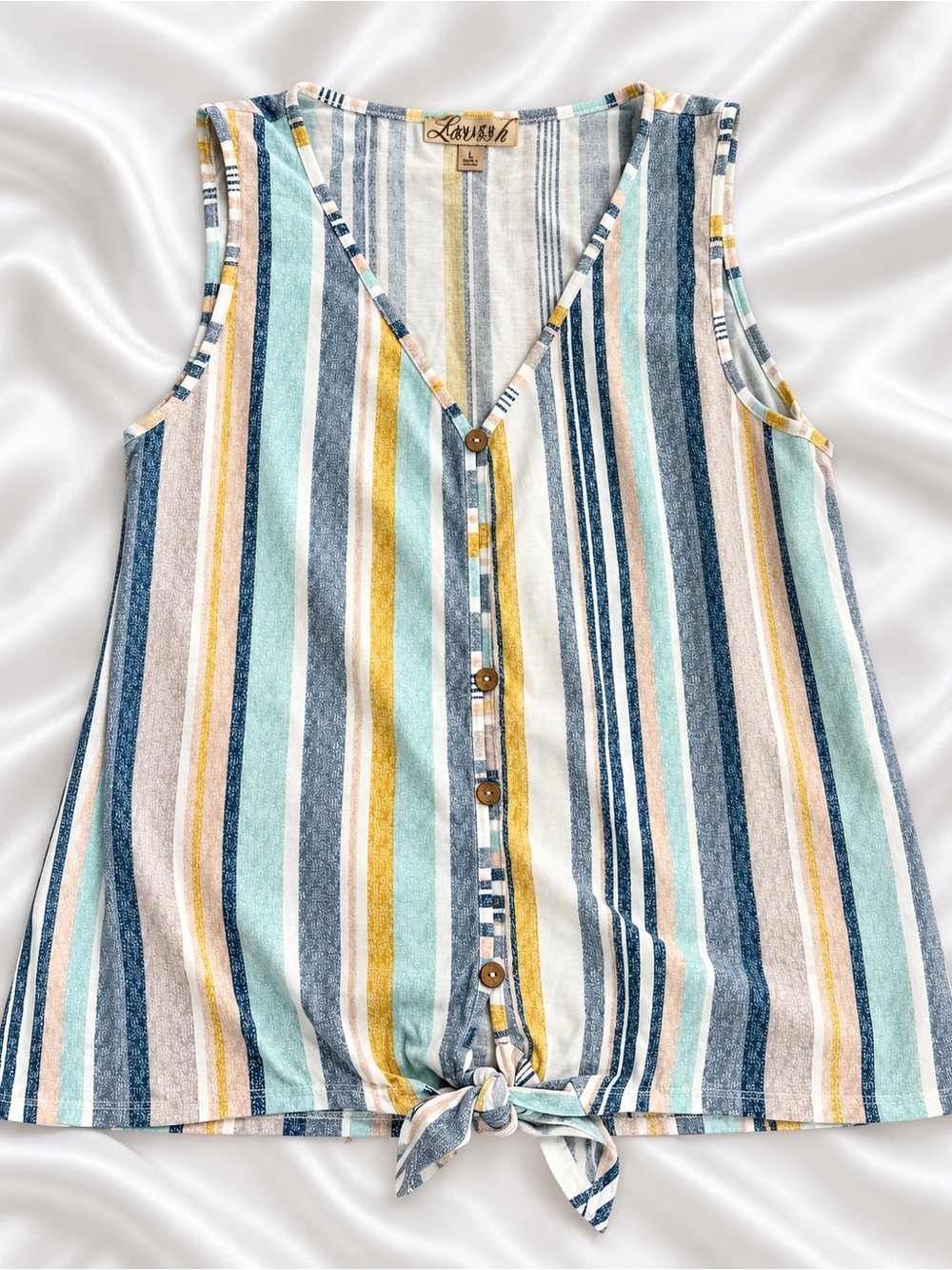 Lavish Womenโs L Striped Button Front Tie Hem Tank Top